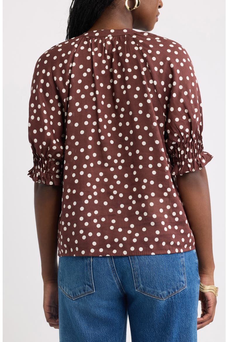 Pintucked Short Sleeve Popover Top, Alternate, color, BROWN- IVORY SCATTERED DOT