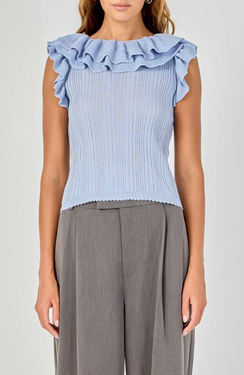 Ruffle Trim Pleated Knit Top