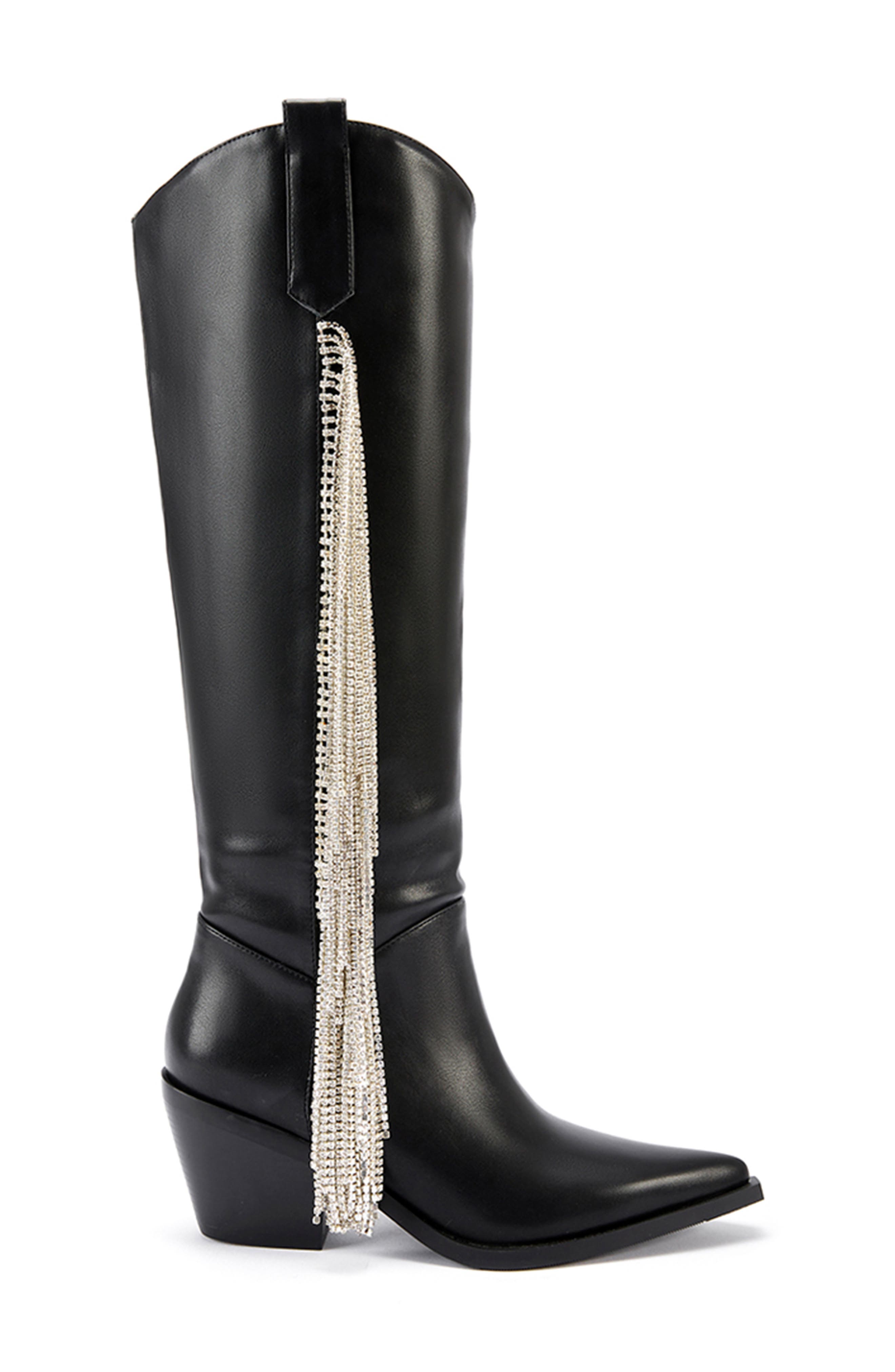 AZALEA WANG Joydistrict Rhinestone Fringe Pointed Toe Boot, Alternate, color, Black