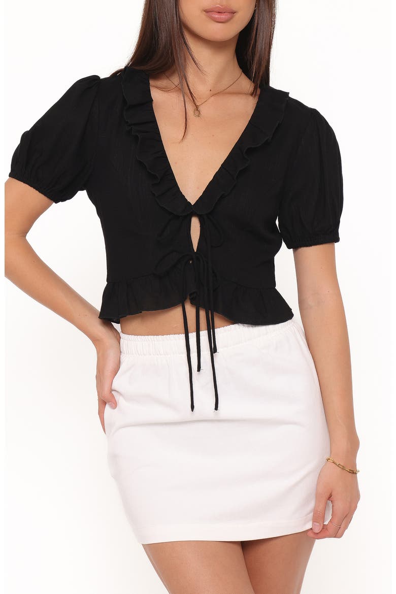 Andra Tie Front Puff Sleeve Crop Top, Main, color, BLACK