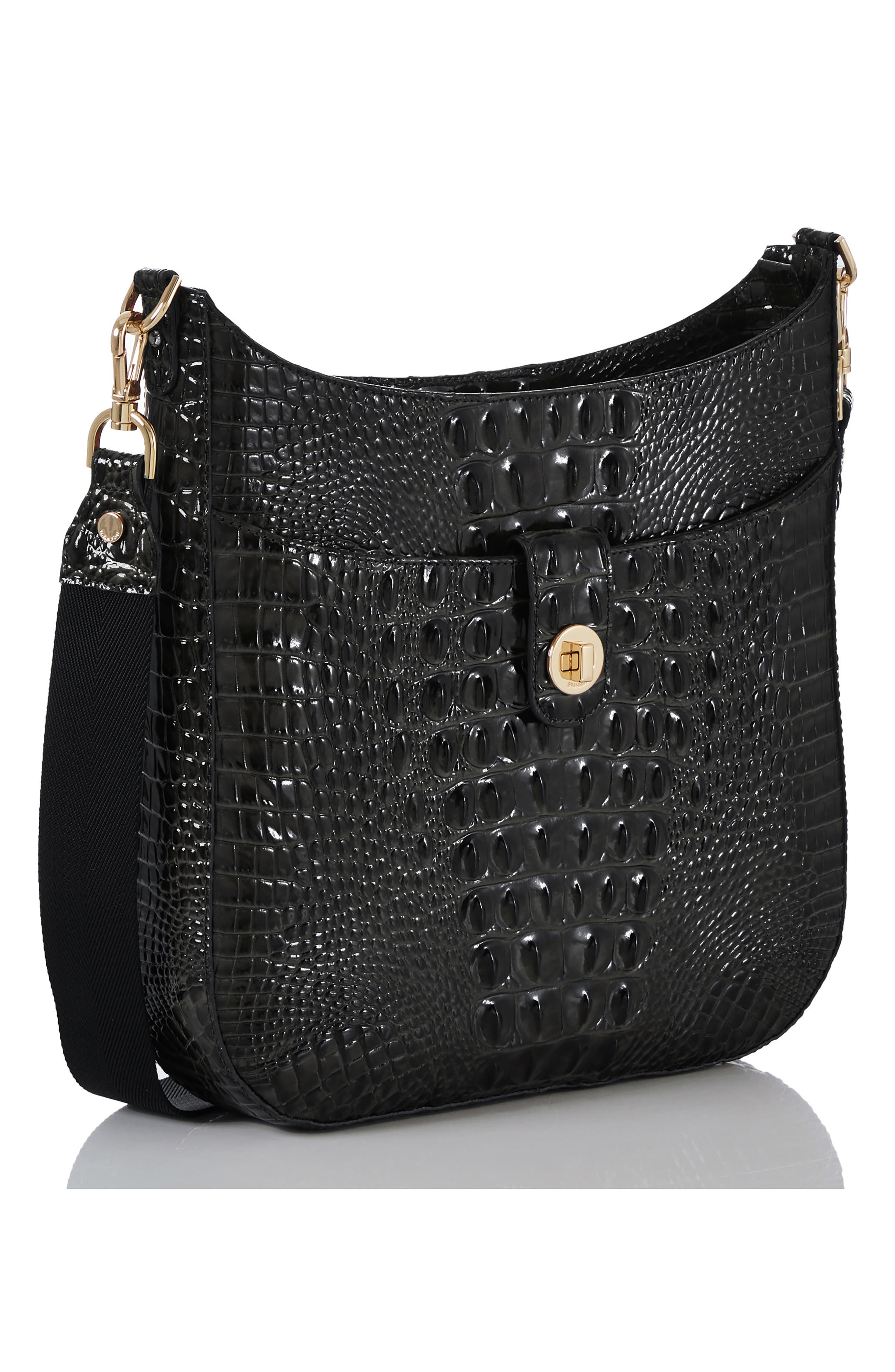 Brahmin Leia Croc Embossed Leather Crossbody Bag, Alternate, color, Black