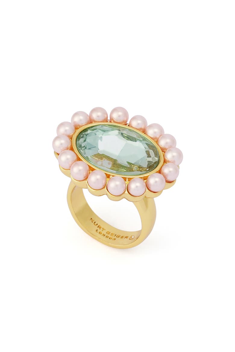 Faux Pearl & Crystal Cocktail Ring, Main, color, LIGHT GREEN