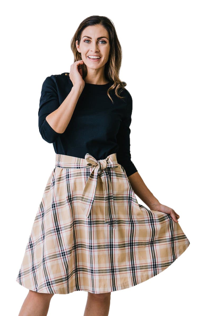 Hope & Henry Women's French Skater Dress, Main, color, Black With Classic Tan Plaid