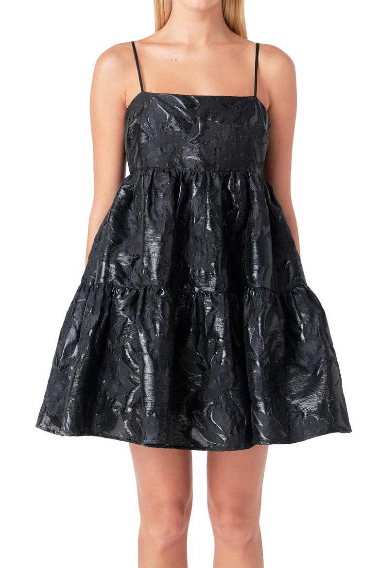 Metallic Floral Jacquard Tiered Minidress, Alternate, color, BLACK