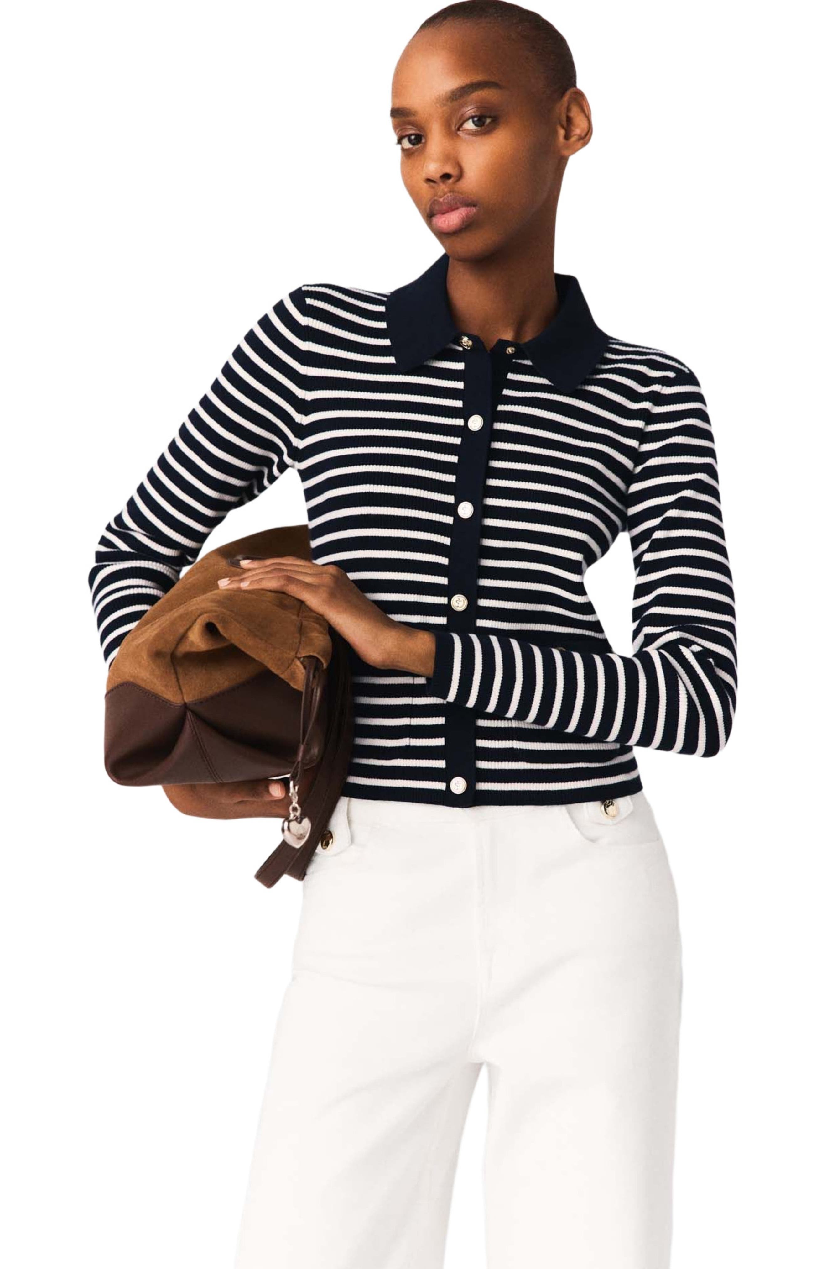 maje striped knit polo dress Womens Navy Polo-Collar Knitted Cardigan 6 cozychristmas22