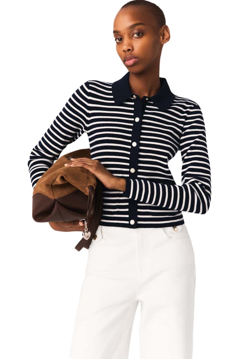 Striped polo cardigan, Alternate, color, Navy