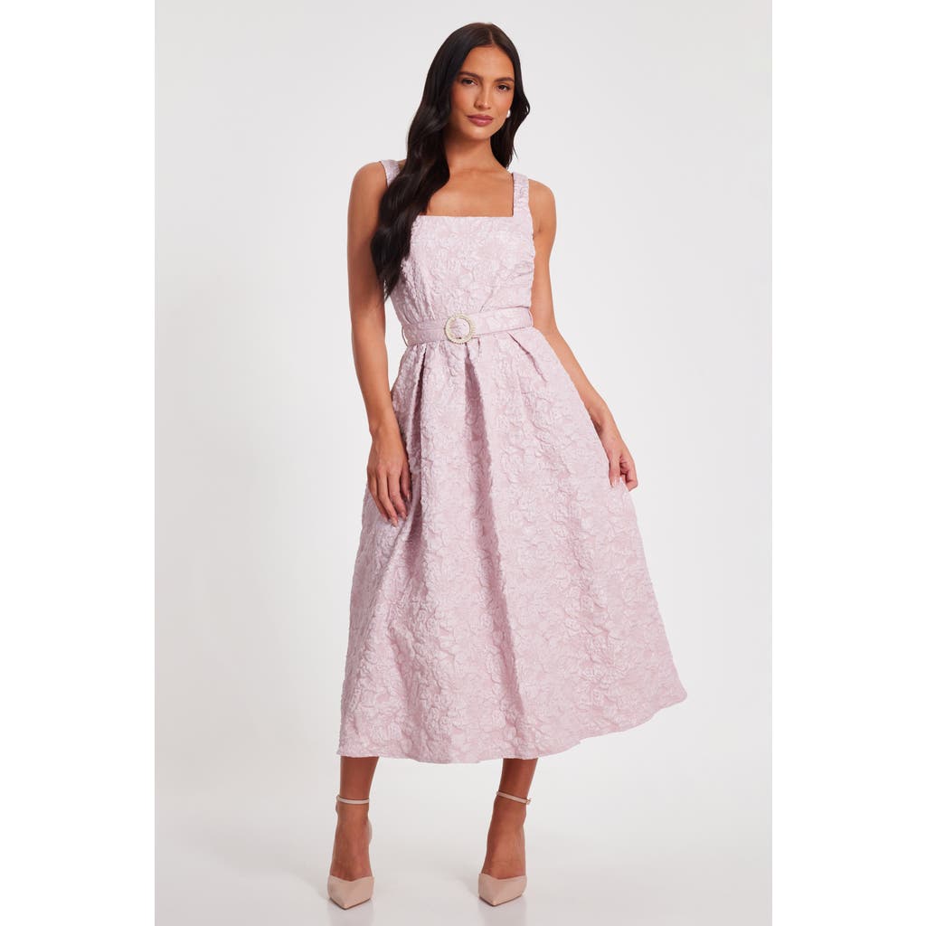 Quiz Jacquard Square Neck Midi Dress In Pale Pink