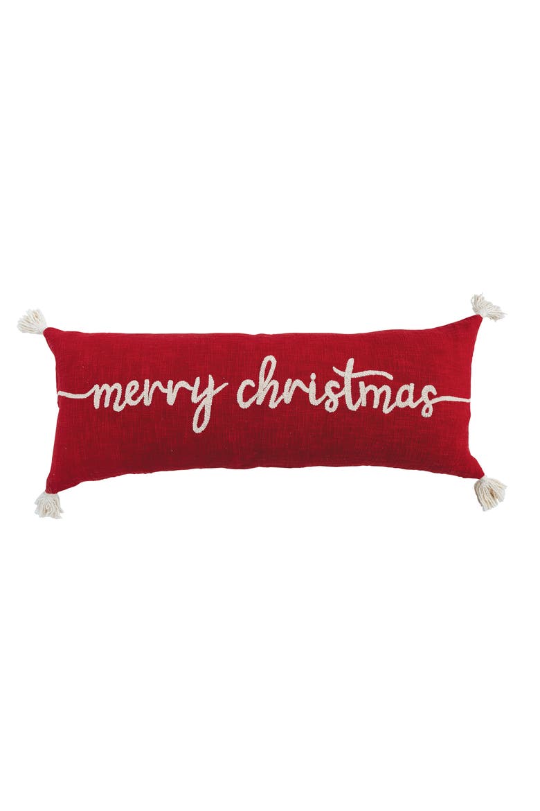 Cotton Lumbar Pillow with Tassels and Embroidered "Merry Christmas", Main, color, Red and Ivory Color