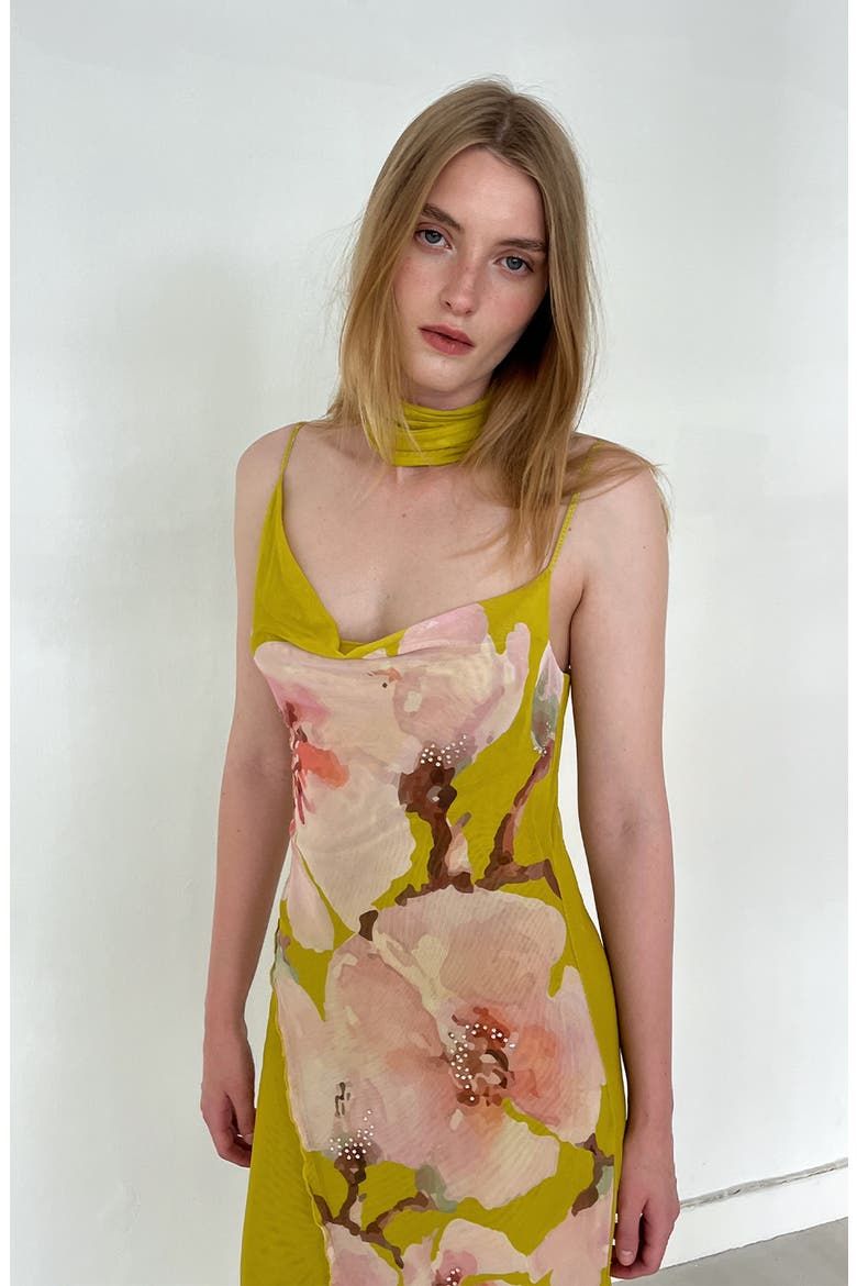 Elaria Floral Printed Mesh Dress, Alternate, color, Chartreuse