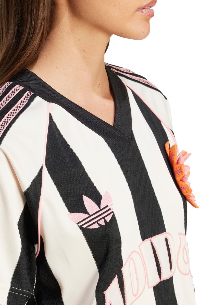 adidas Originals Floral Appliqué Stripe Mesh Soccer Jersey, Alternate, color, Wonder White/ Black