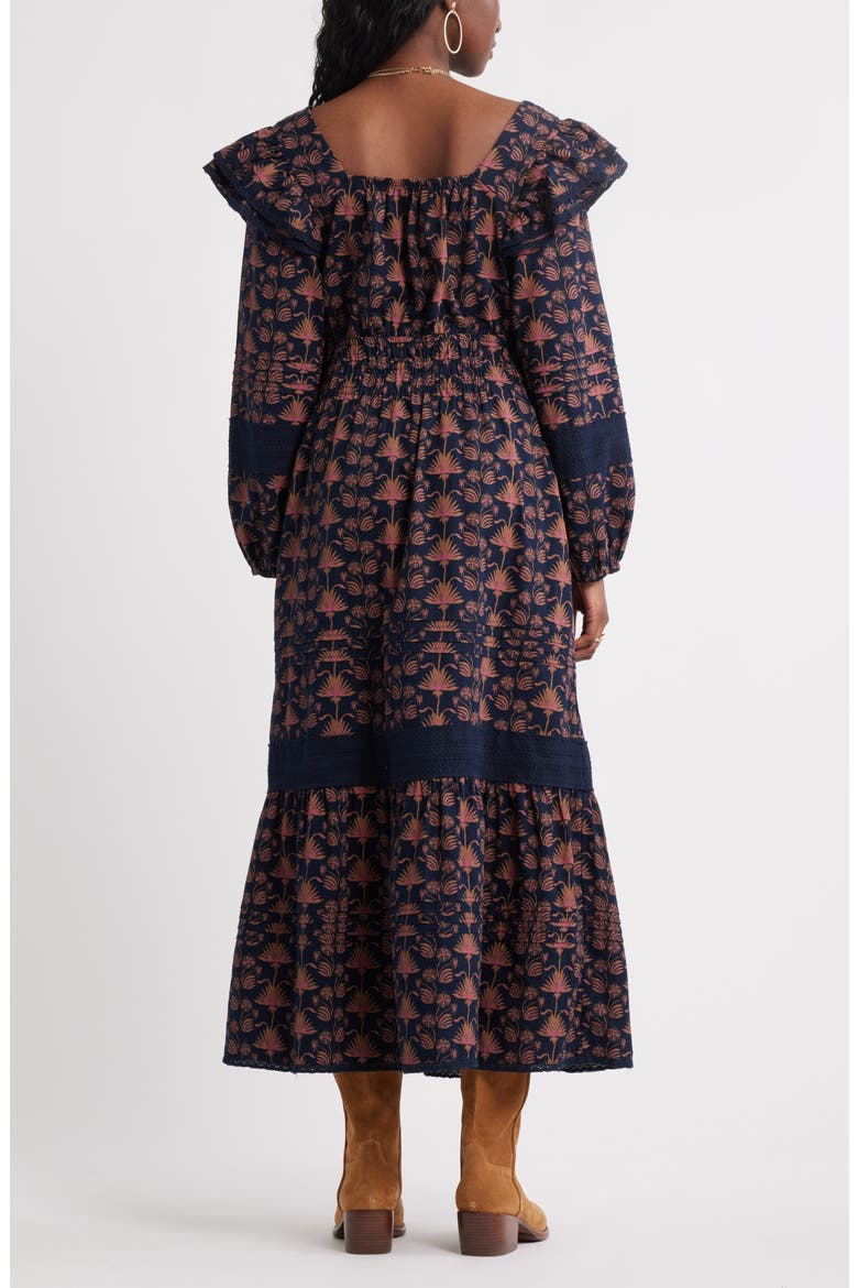 Double Ruffle Long Sleeve Maxi Dress, Alternate, color, NAVY- PINK PALM GEO