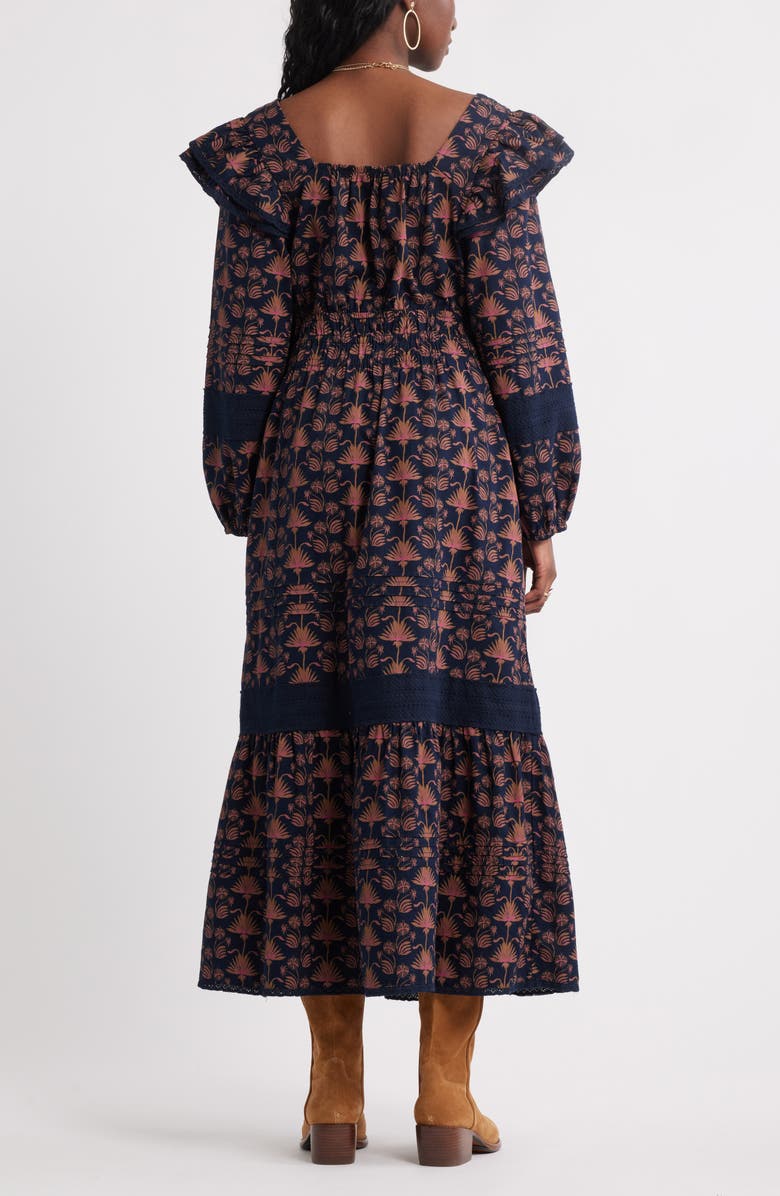 Treasure & Bond Double Ruffle Long Sleeve Maxi Dress, Alternate, color, Navy- Pink Palm Geo