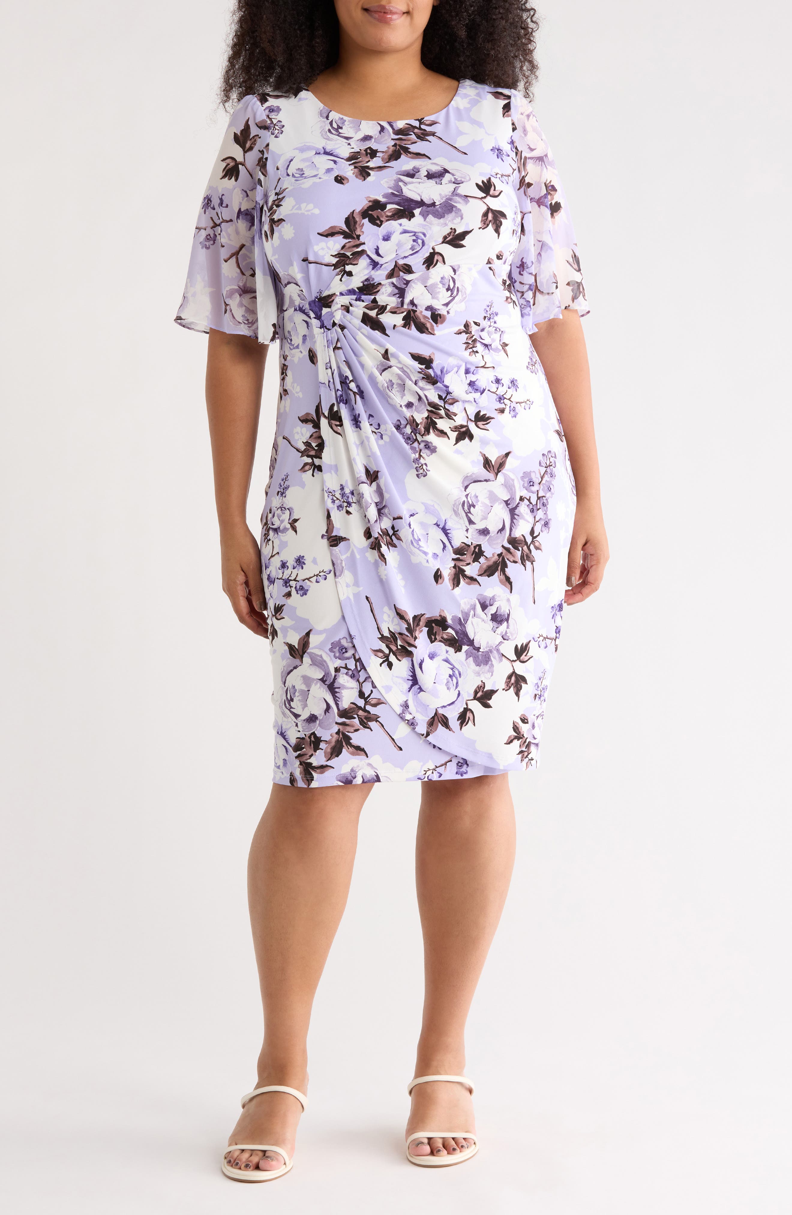 Connected Apparel Flutter Sleeve Faux Wrap Dress