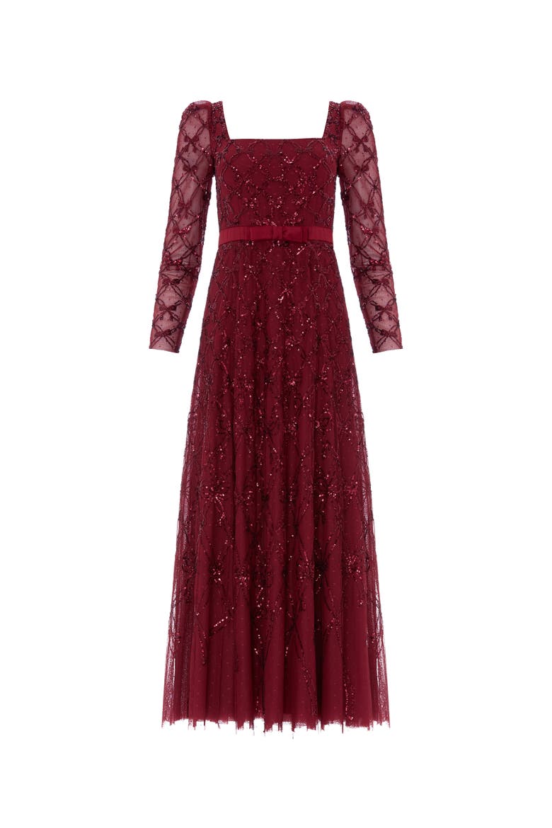 Bow Lattice Long Sleeve Sequin Gown, Alternate, color, Garnet