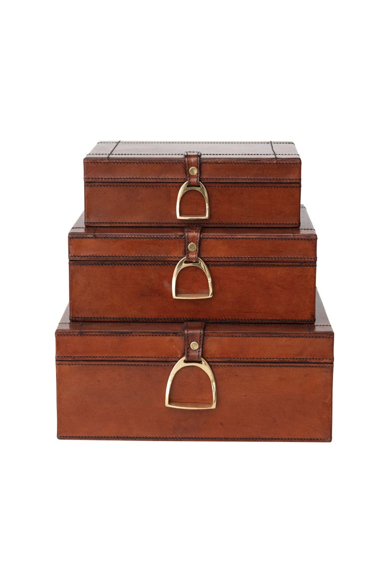 3-Piece Reclaimed Wood and Leather Nesting Boxes with Brass Closures and Flocked Interior, Gold Finish and Cognac Color, Main, color, Brown