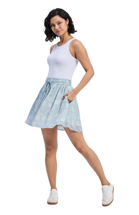 Womens Drawstring Short Skirt in Blue Florals Small