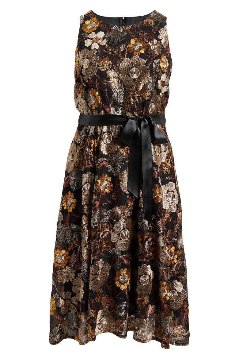 Embroidered Tie Waist Midi Dress, Alternate, color, BROWN GOLD
