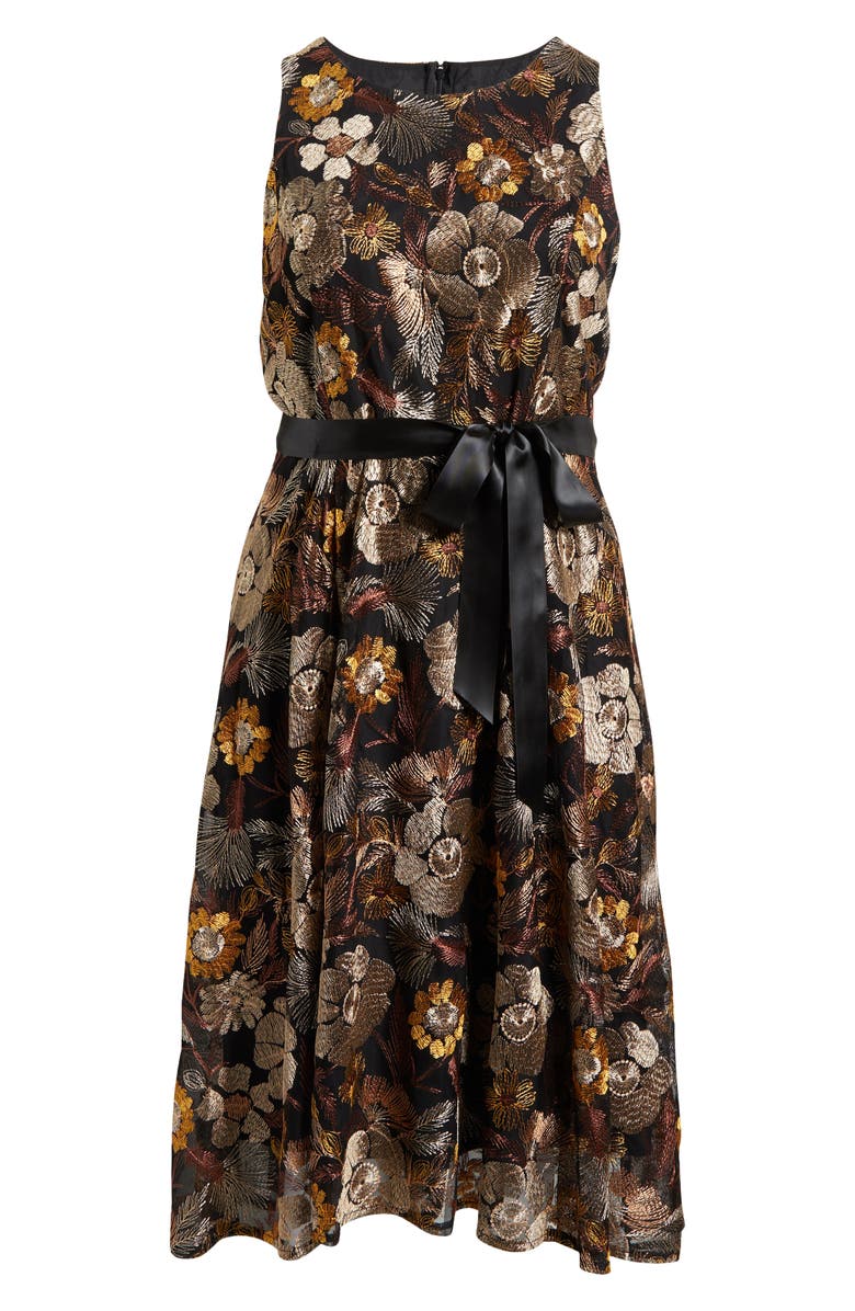 Tahari ASL Embroidered Tie Waist Midi Dress, Alternate, color, Brown Gold