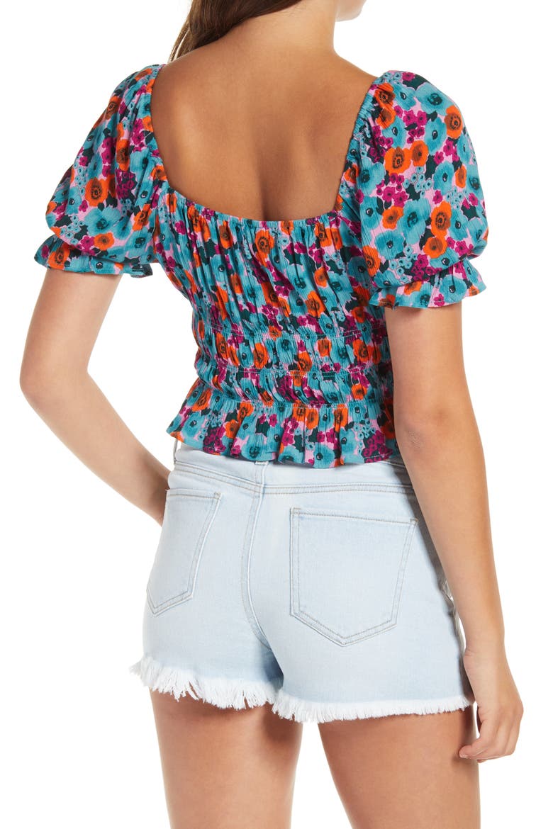 Print Smocked Square Neck Top, Alternate, color, ORANGE FLORAL