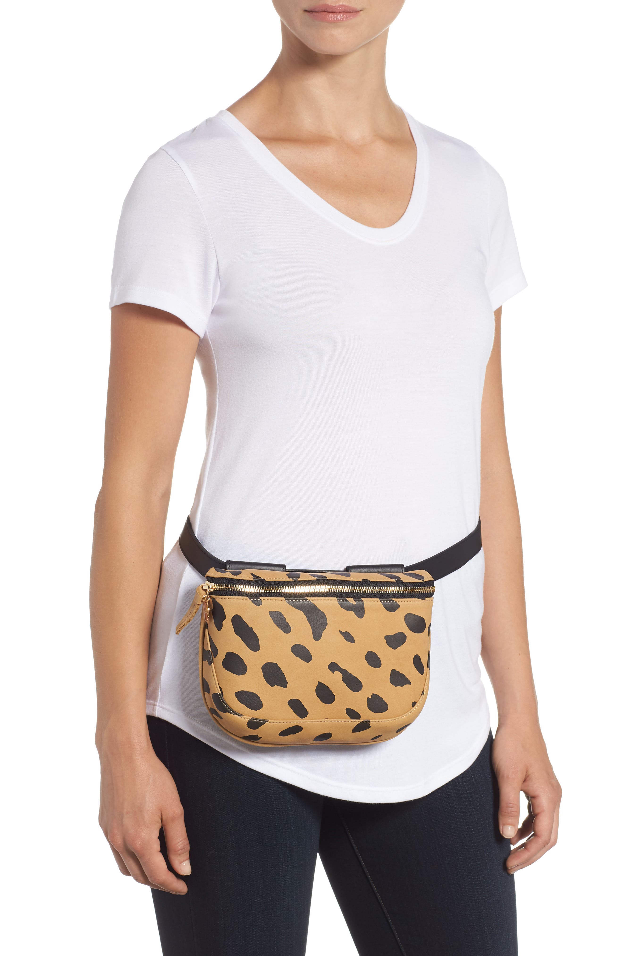 Jaguar Print Leather Fanny Pack, Alternate, color, CAMEL