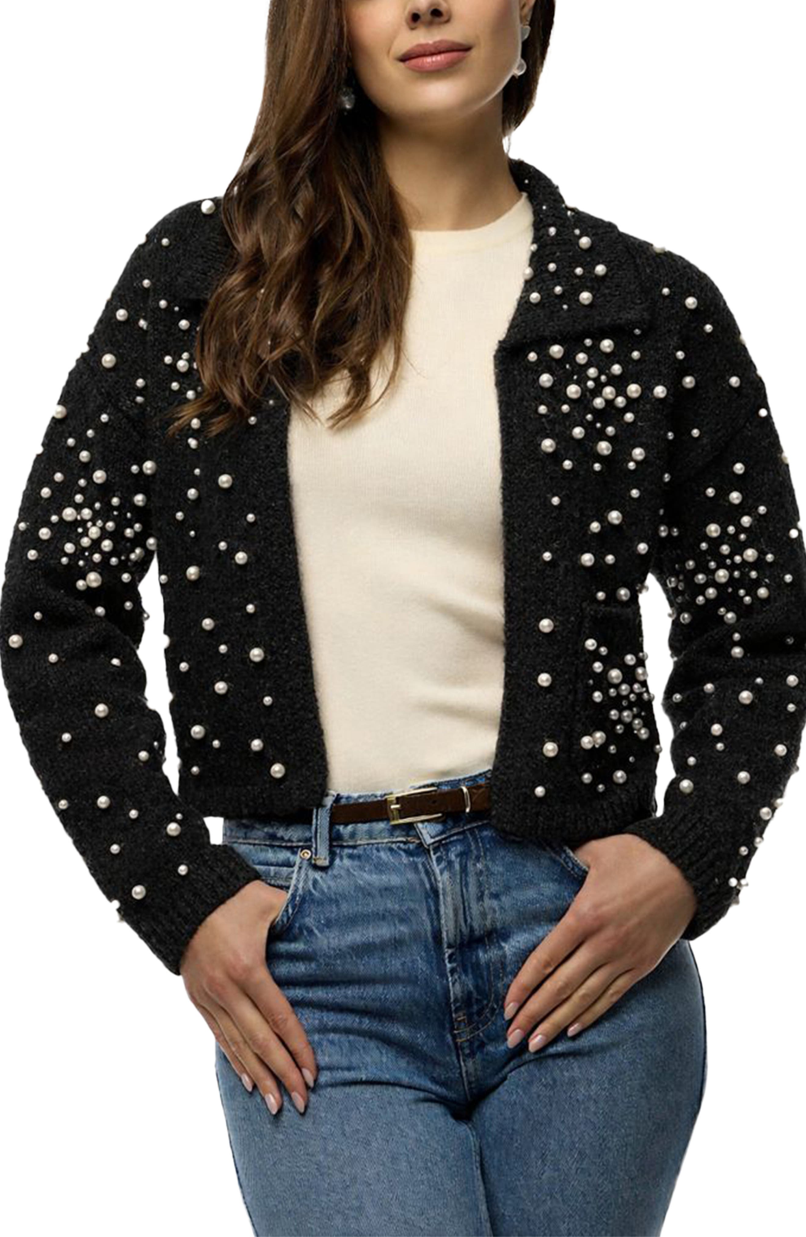 SAACHI Faux Pearl Bead Open Front Cardigan