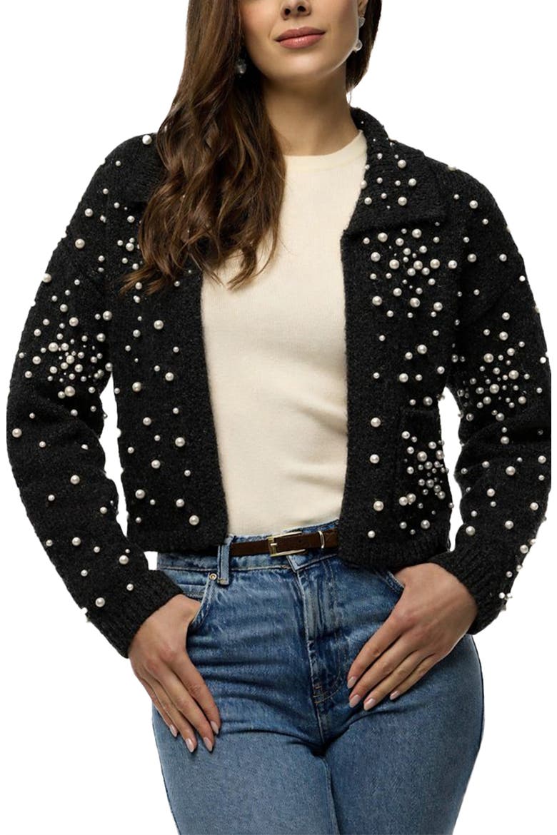Faux Pearl Bead Open Front Cardigan, Main, color, BLACK