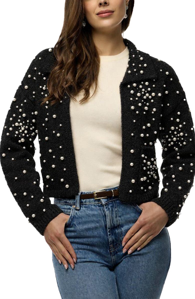 SAACHI Faux Pearl Bead Open Front Cardigan, Main, color, Black