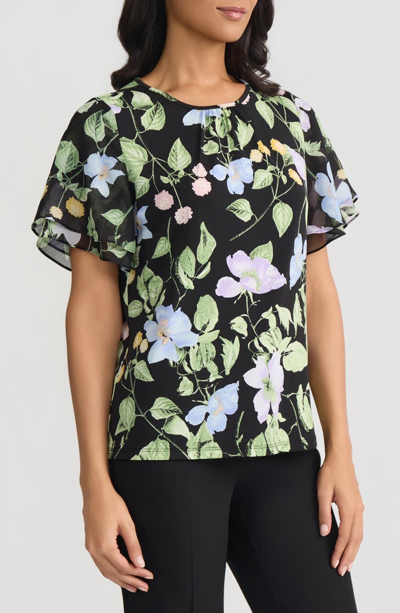 KASPER Floral Print Flutter Sleeve Mixed Media Top, Alternate, color, 