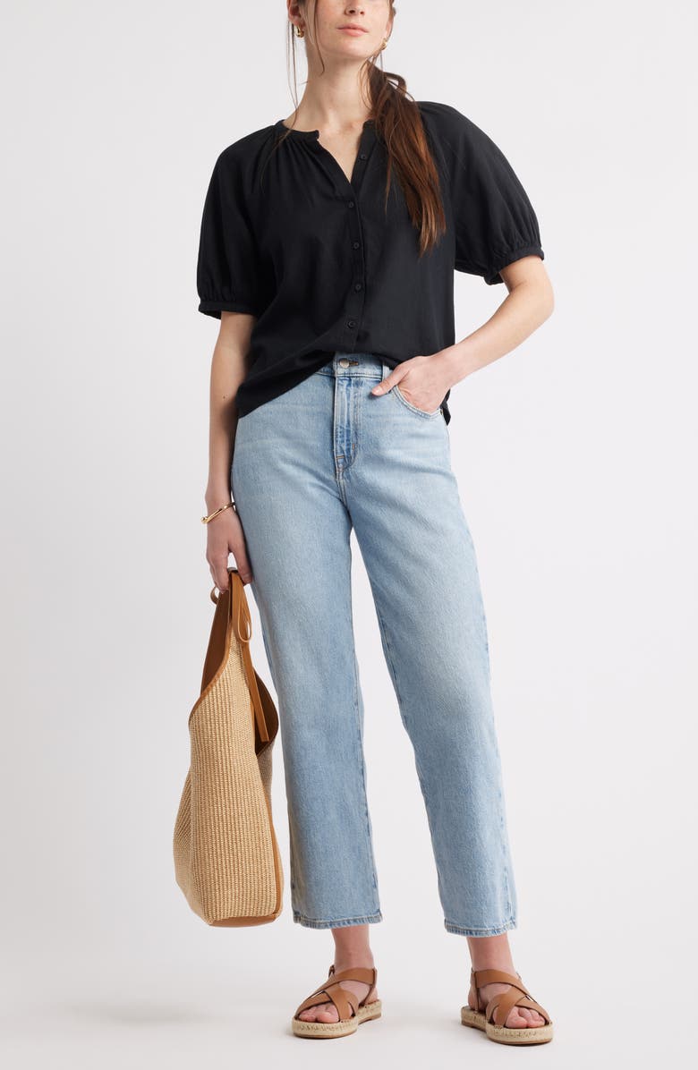 Caslon<sup>®</sup> Puff Sleeve Linen Blend Button-Up Shirt, Alternate, color, Black