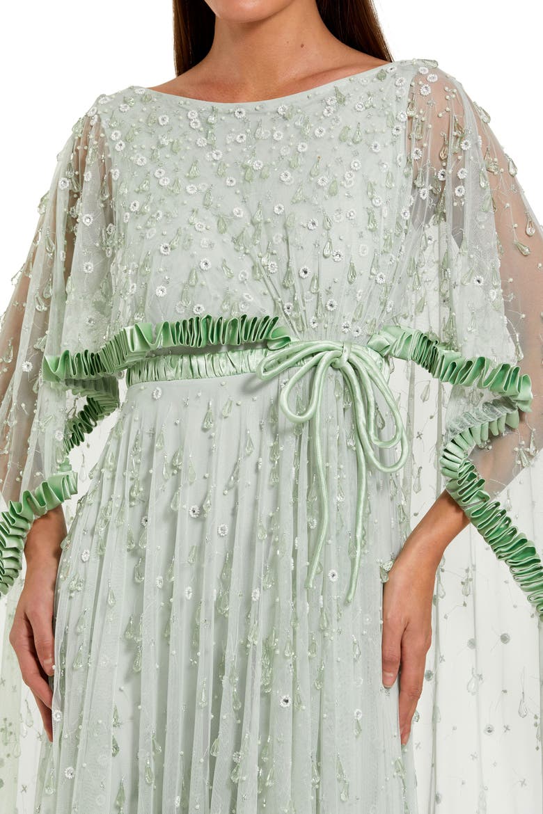 Beaded Cape Sleeve Gown with Ruffled Trim Detail, Alternate, color, Jade