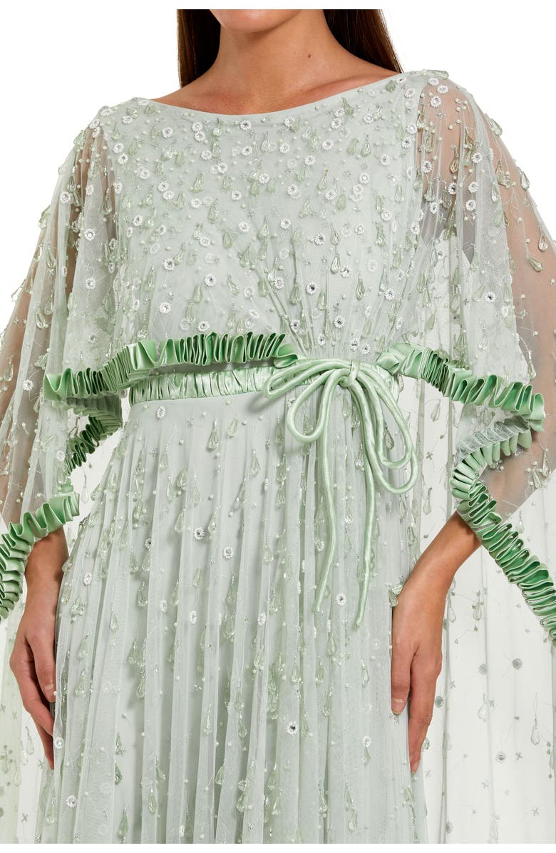 Mac Duggal Beaded Cape Sleeve Gown with Ruffled Trim Detail, Alternate, color, Jade