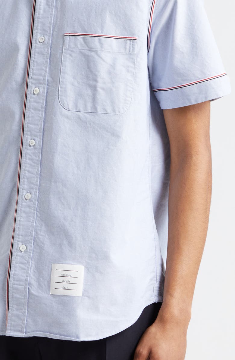 Thom Browne Tricolor Trim Short Sleeve Cotton Button-Down Shirt, Alternate, color, 