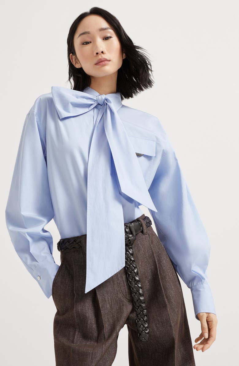 Brunello Cucinelli Poplin shirt with lavallière, Alternate, color, Sky Blue