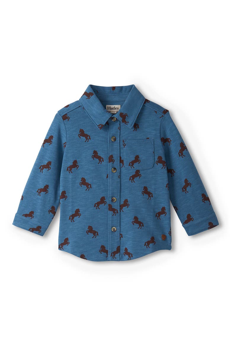 Ranch Horses Print Knit Print Button-Up Shirt, Main, color, STELLAR