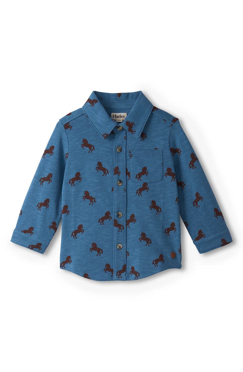 Hatley Ranch Horses Print Knit Print Button-Up Shirt, Main, color, Stellar
