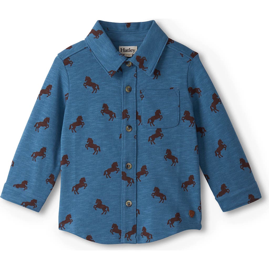 Hatley Ranch Horses Print Knit Print Button-up Shirt In Blue