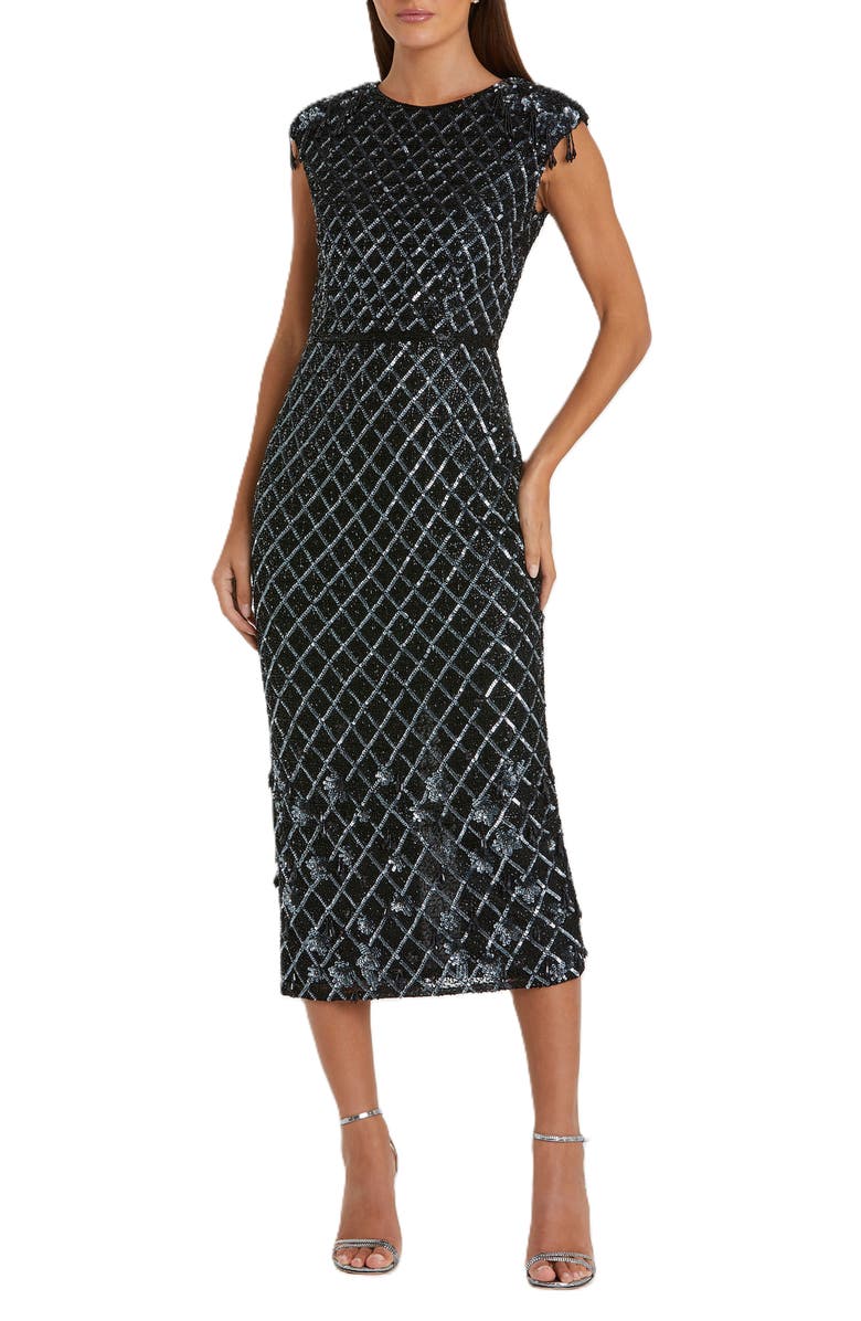 Mac Duggal Fringe Detailed High Neck Cap Sleeve Midi Dress, Main, color, Black