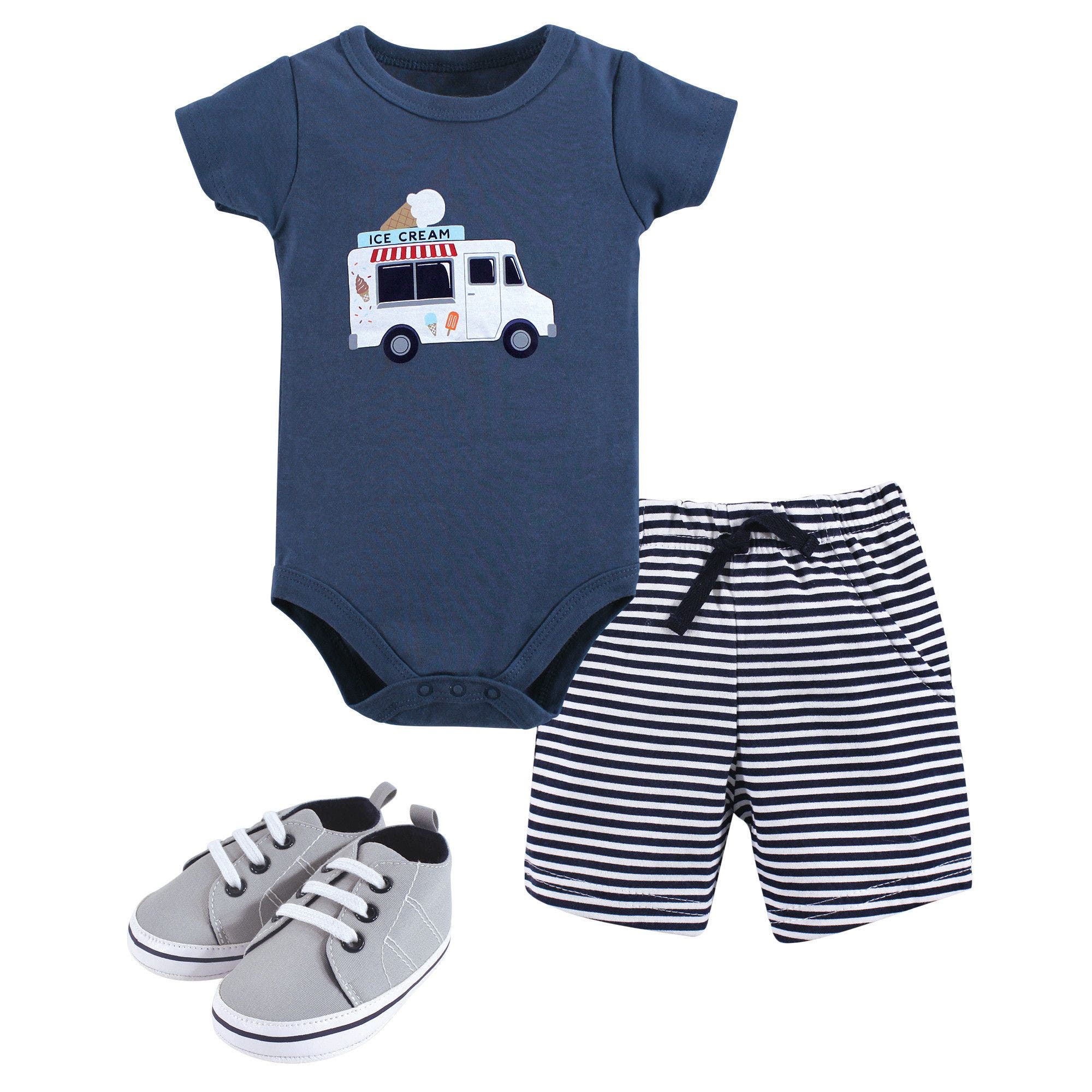Hudson Baby Cotton Bodysuit, Shorts And Shoe Set In Blue