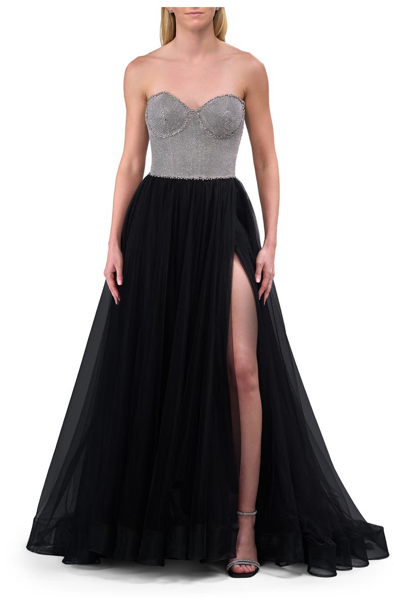 La Femme Unique Rhinestone Top with Tulle Skirt Prom Dress, Alternate, color, Black