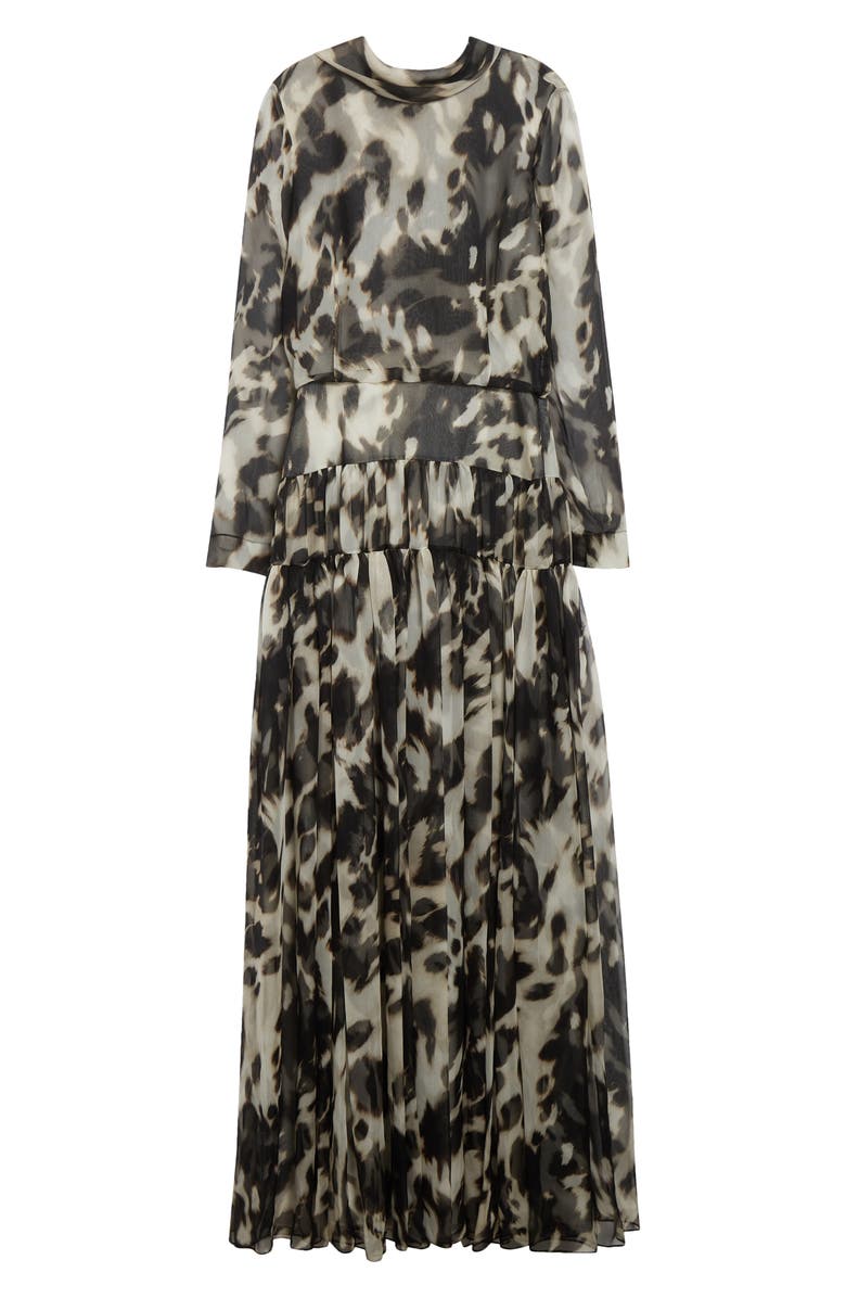 Oscar de la Renta Cow Print Long Sleeve Sheer Silk Dress, Alternate, color, Ecru/ Black