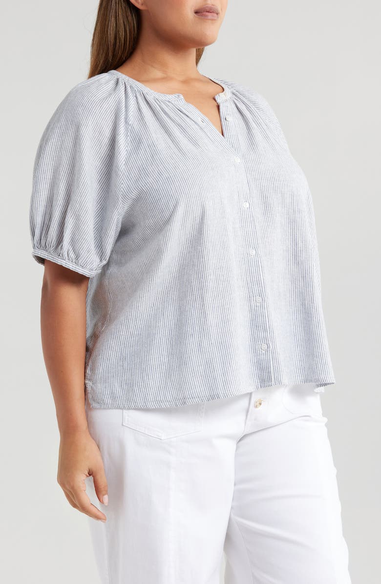 Caslon<sup>®</sup> Stripe Linen Blend Puff Sleeve Top, Alternate, color, Blue Vintage Leah Stripe