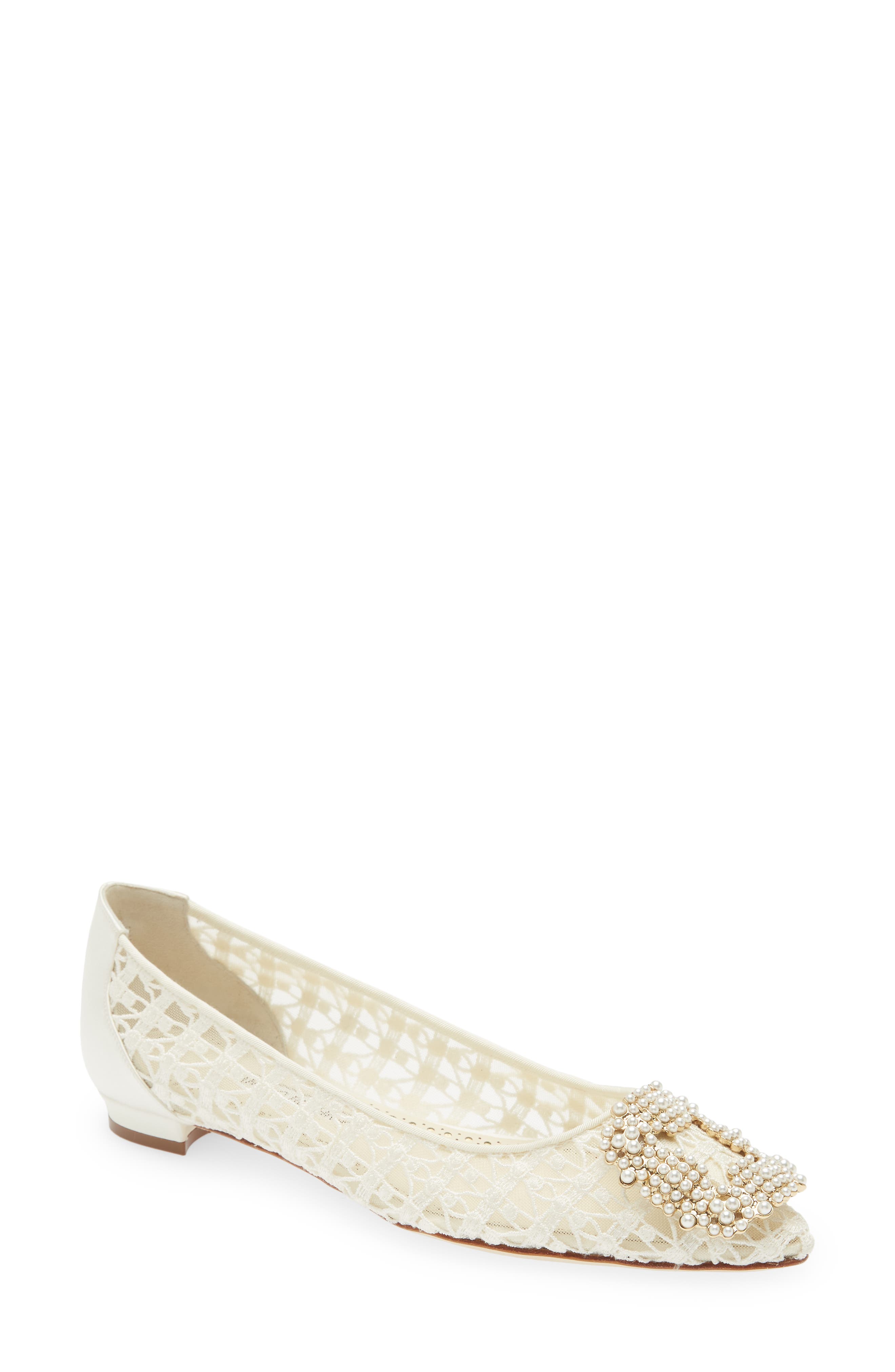 Manolo Blahnik Hangisi Imitation Pearl Buckle Embroidered Flat, Main, color, 