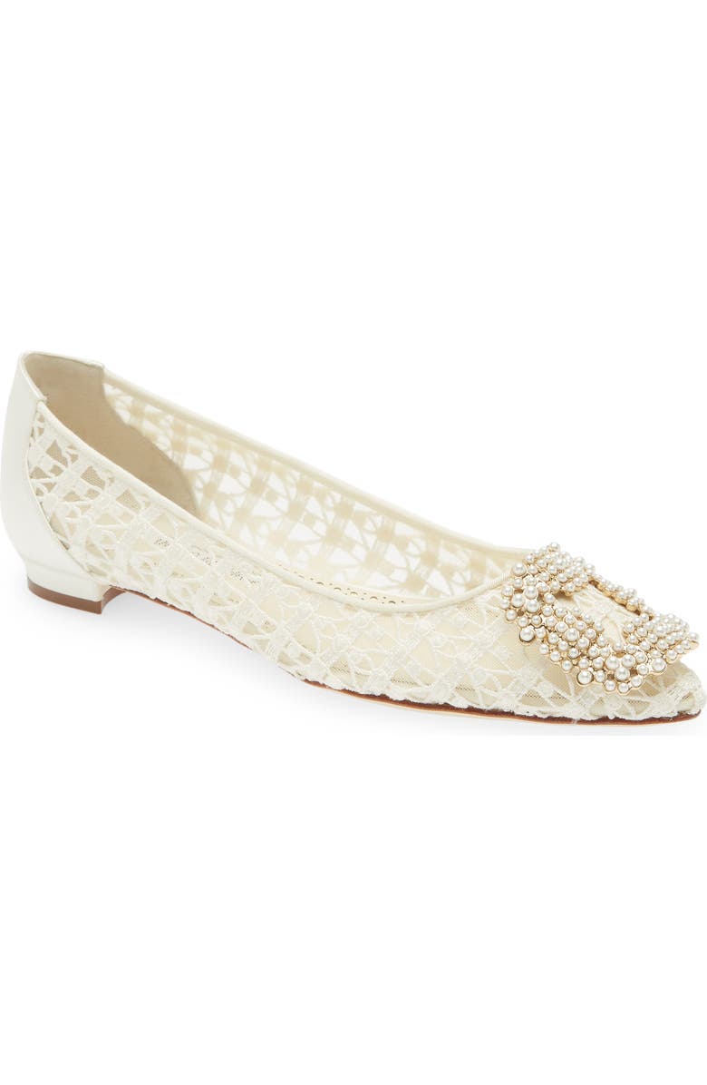 Manolo Blahnik Hangisi Imitation Pearl Buckle Embroidered Flat, Main, color,