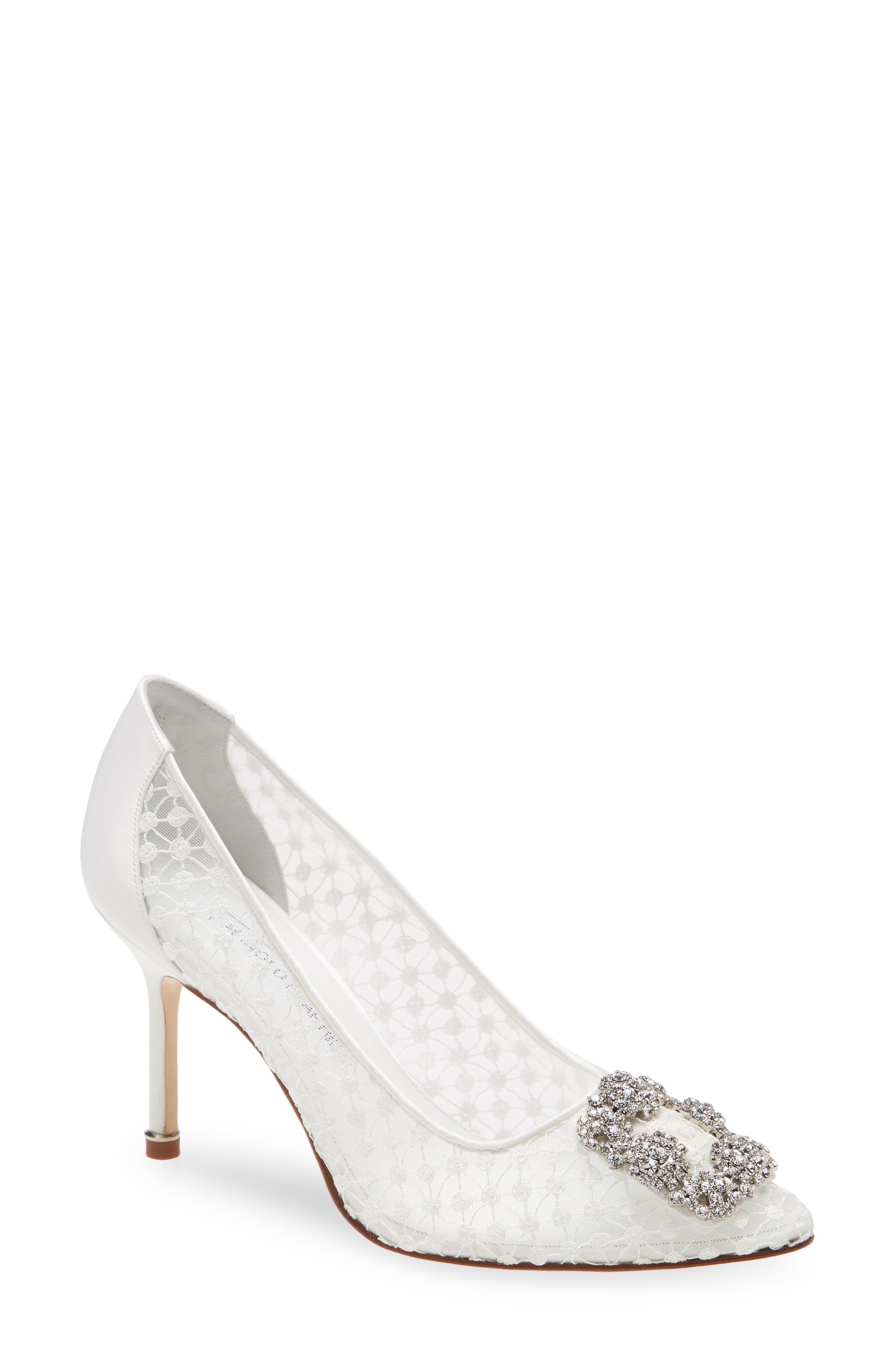 Manolo Blahnik Hangisi Crystal Buckle Lace Pump, Main, color, 