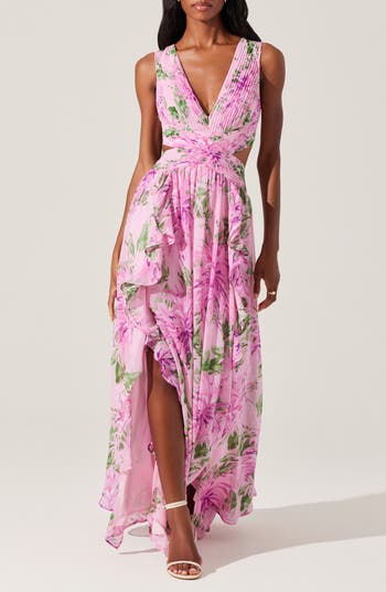 Astr The Label Noya Floral Pleated Cutout Maxi Dress In Pink