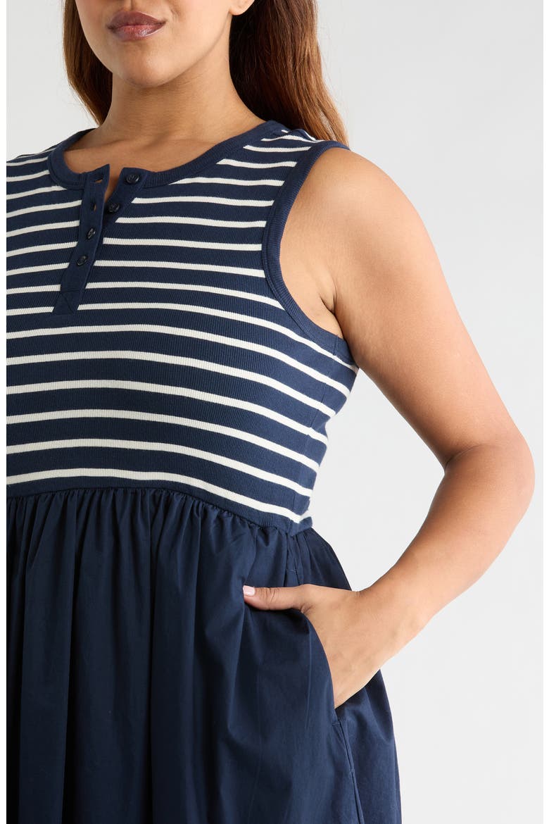 Mixed Media Henley Midi Dress, Alternate, color, NAVY STILL- IVORY GABE STRIPE