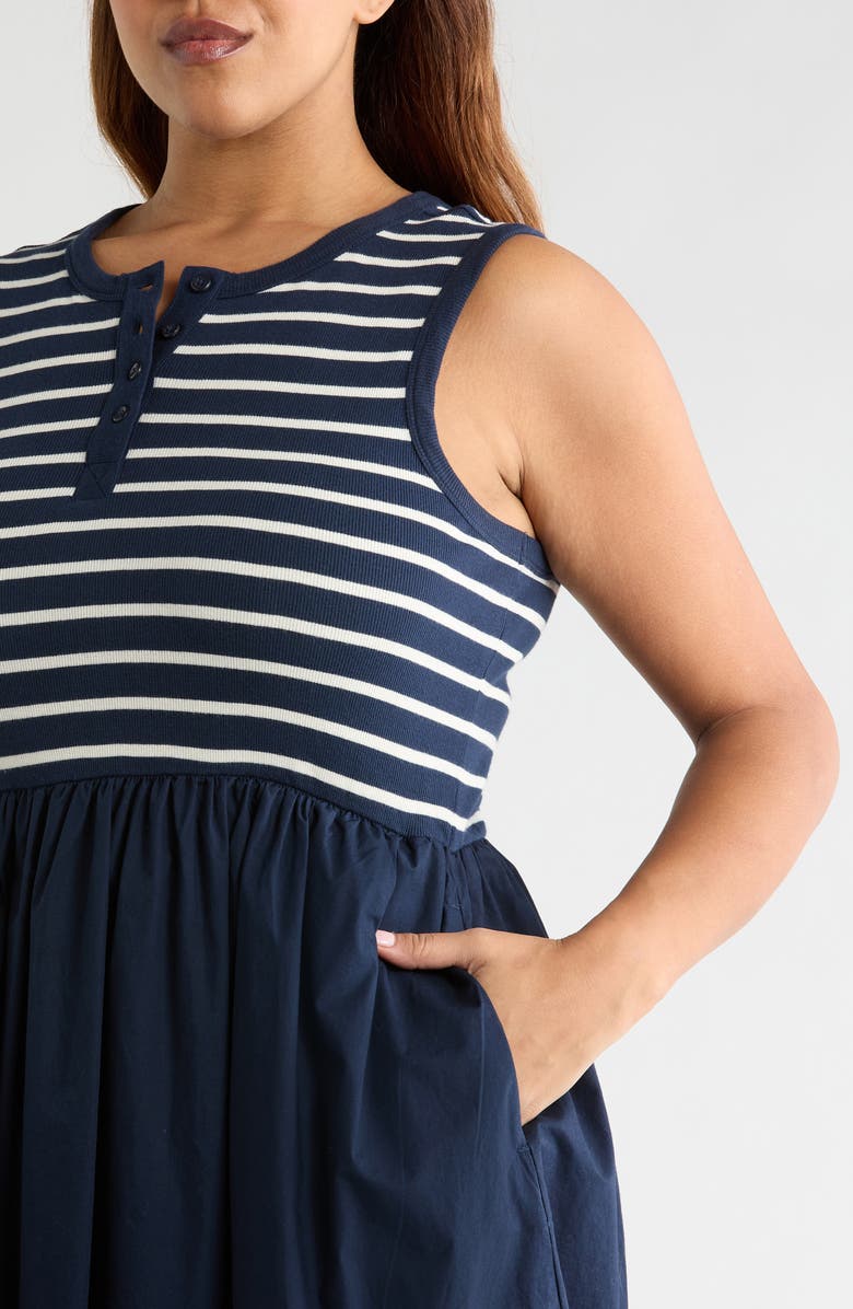 Caslon<sup>®</sup> Mixed Media Henley Midi Dress, Alternate, color, Navy Still- Ivory Gabe Stripe