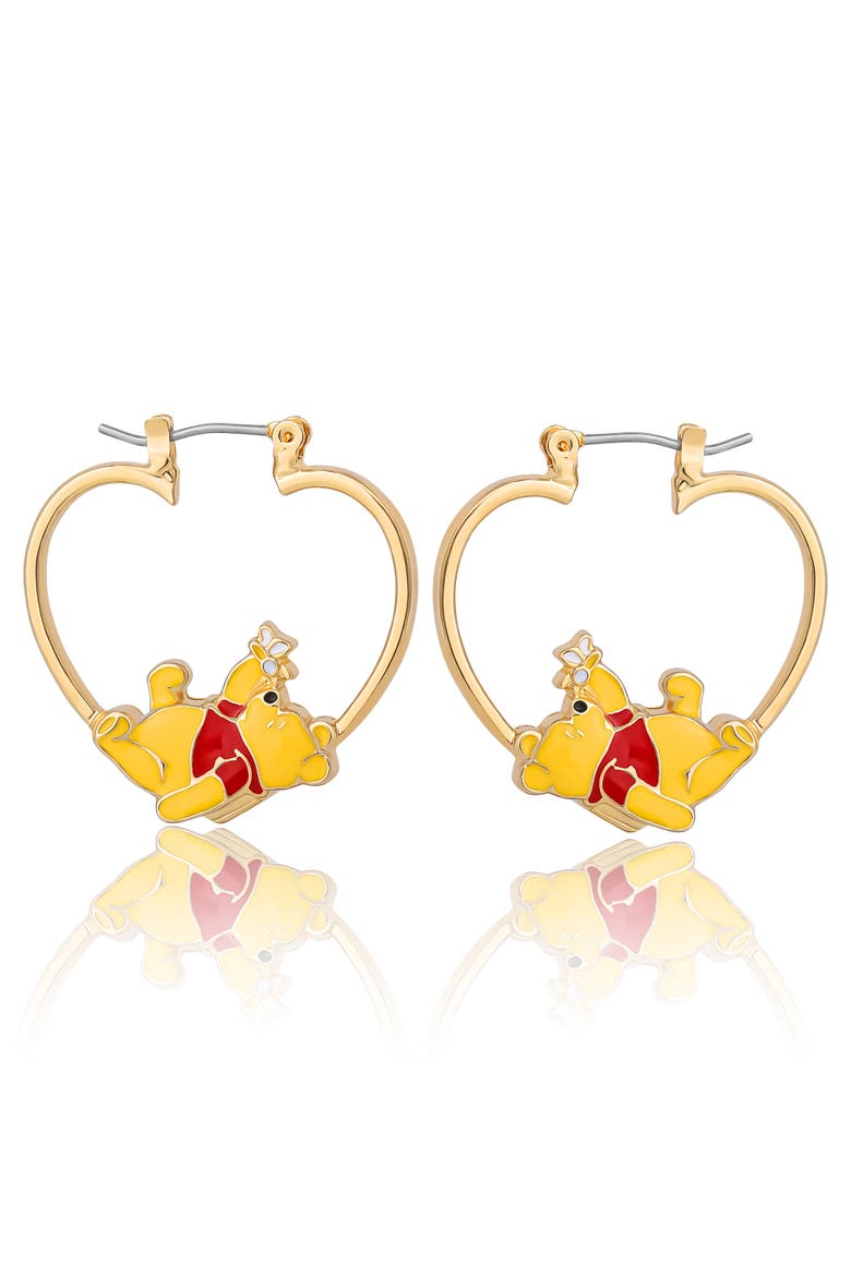 Winnie the Pooh Heart Hoop Earrings, Gold-Tone with Red Enamel, Main, color, Gold