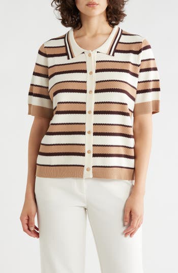 Adrianna Papell Stripe Polo Sweater in Chocolate Combo at Nordstrom Rack, Size Medium