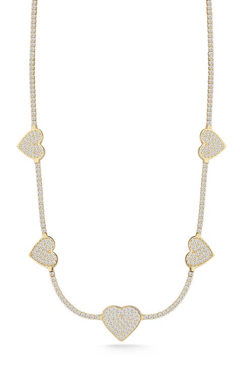 Pavé CZ Heart Station Chain Necklace